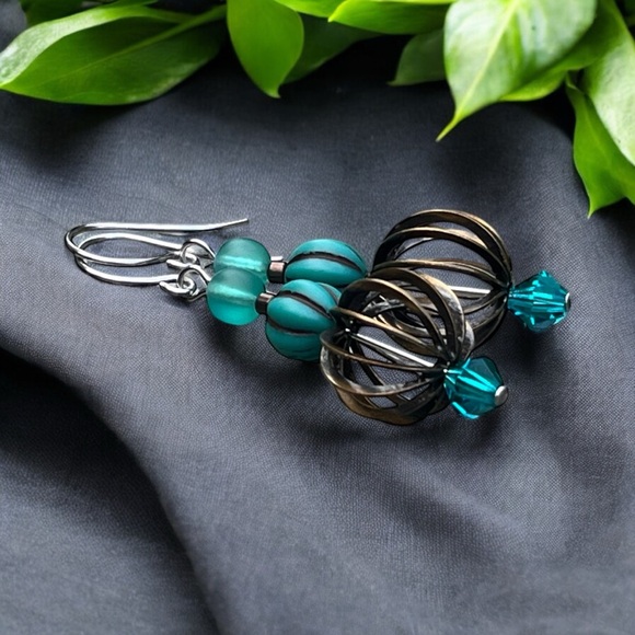 Hand crafted Teal and Brass Earrings - Picture 10 of 10